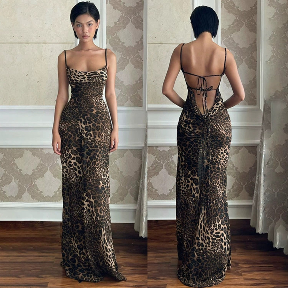 ZARA Summer Sexy Backless Slim Leopard Print Spaghetti Strap Maxi Dress